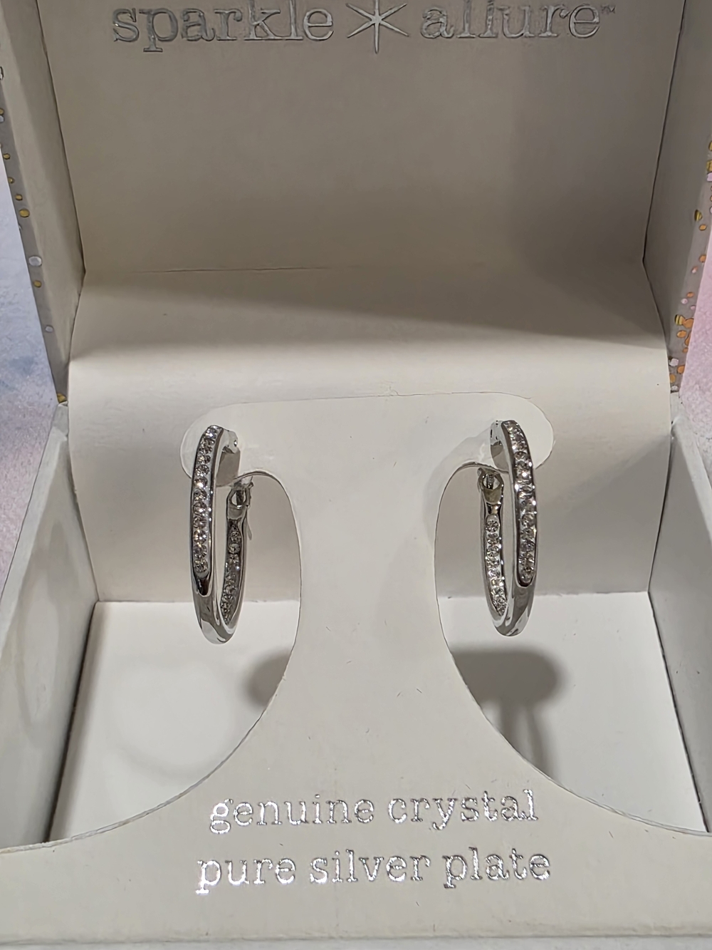 NIB Genuine Crystal Silver-Plated Hoop Earrings - Clear Crystal - Picture 6 of 6